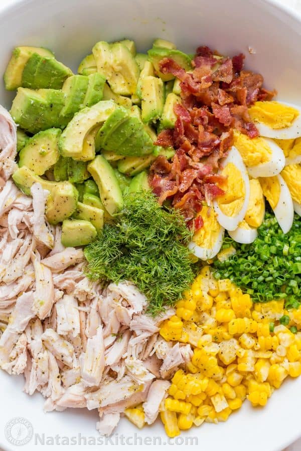 Chicken Salad Recipe with Avocado, Corn, Bacon, Dill, Chives and Eggs for the Best Avocado Chicken Salad