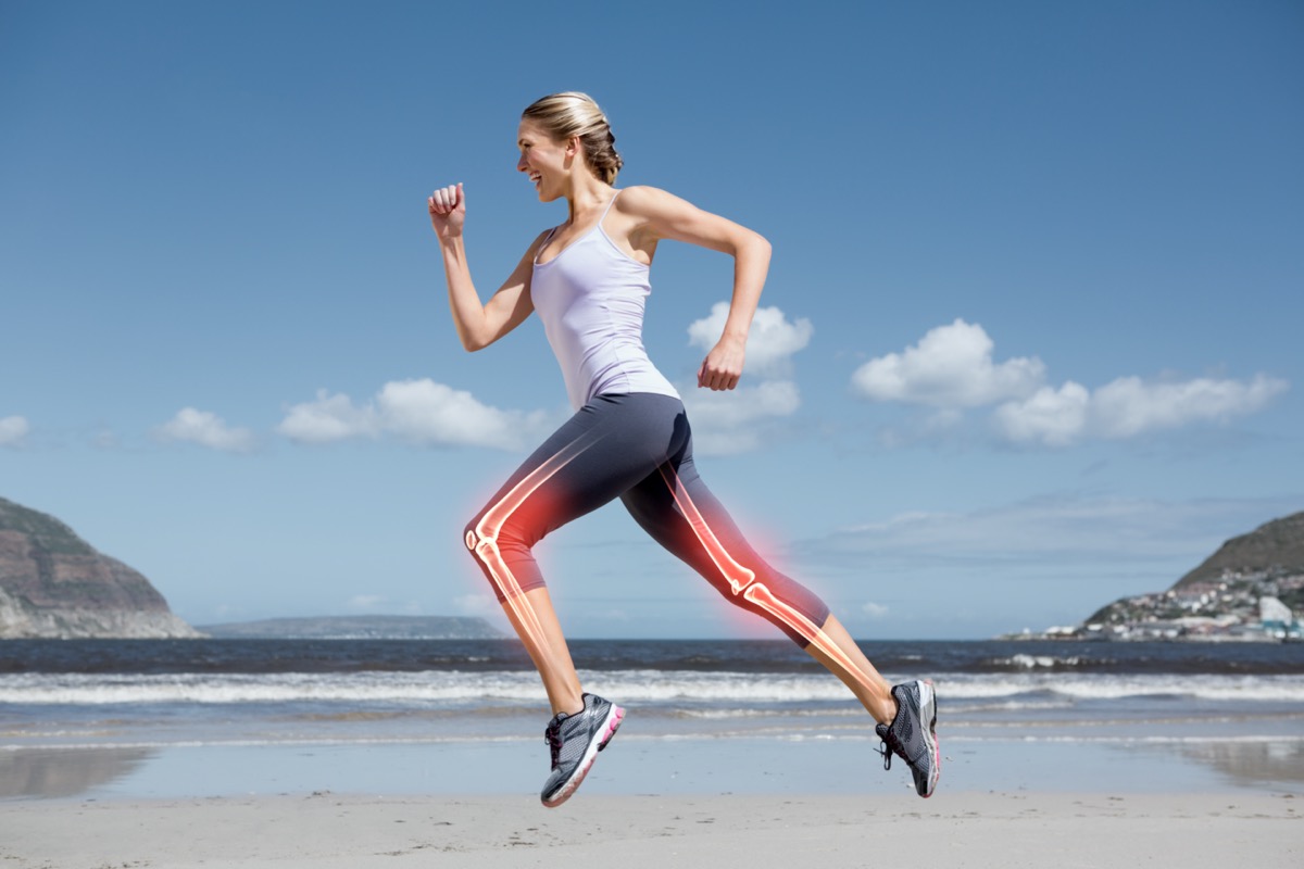 Digital synthesis of striking leg bones of woman jogging on the beach
