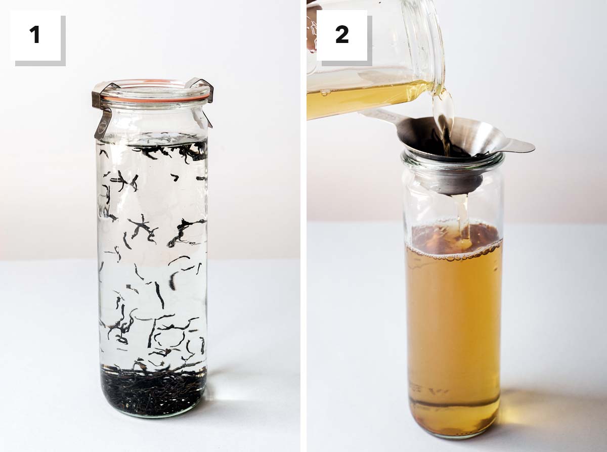 Two collages showing the steps for making cold tea.