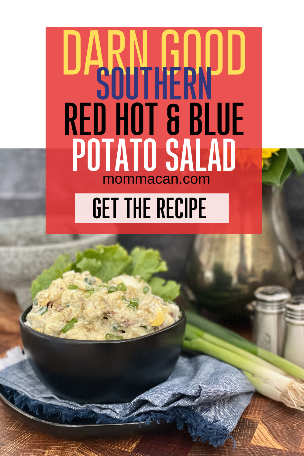 Green potato salad and red hot pot