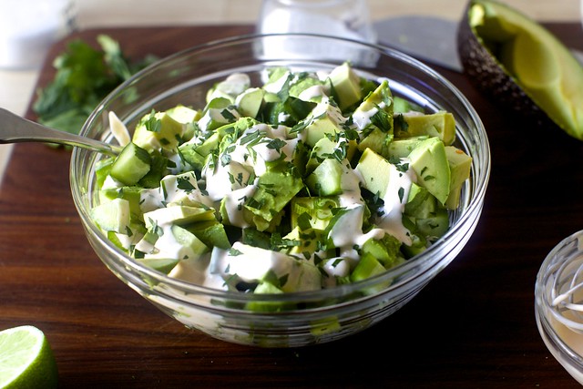 The avocado cucumber salad is hauntingly delicious