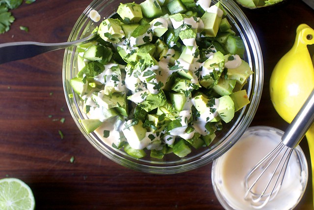 The avocado cucumber salad is hauntingly delicious