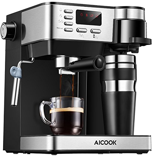 AICOOK Espresso and Coffee Machine, 3 in 1 Combination 15 Bar Espresso Machine and Single Serve Coffee Maker With Coffee Mug, Milk Frother for Cappuccino and Latte, Black
