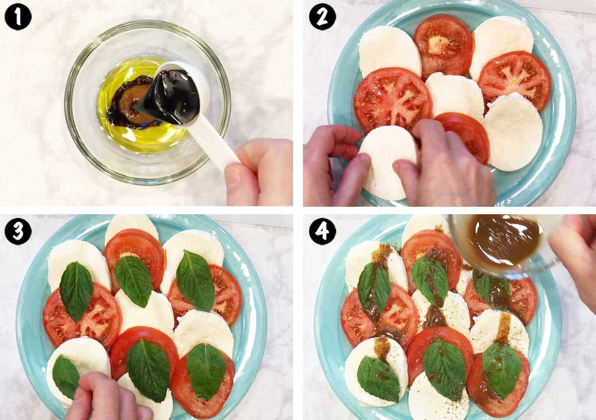 A collage showing the steps to make a caprese salad.