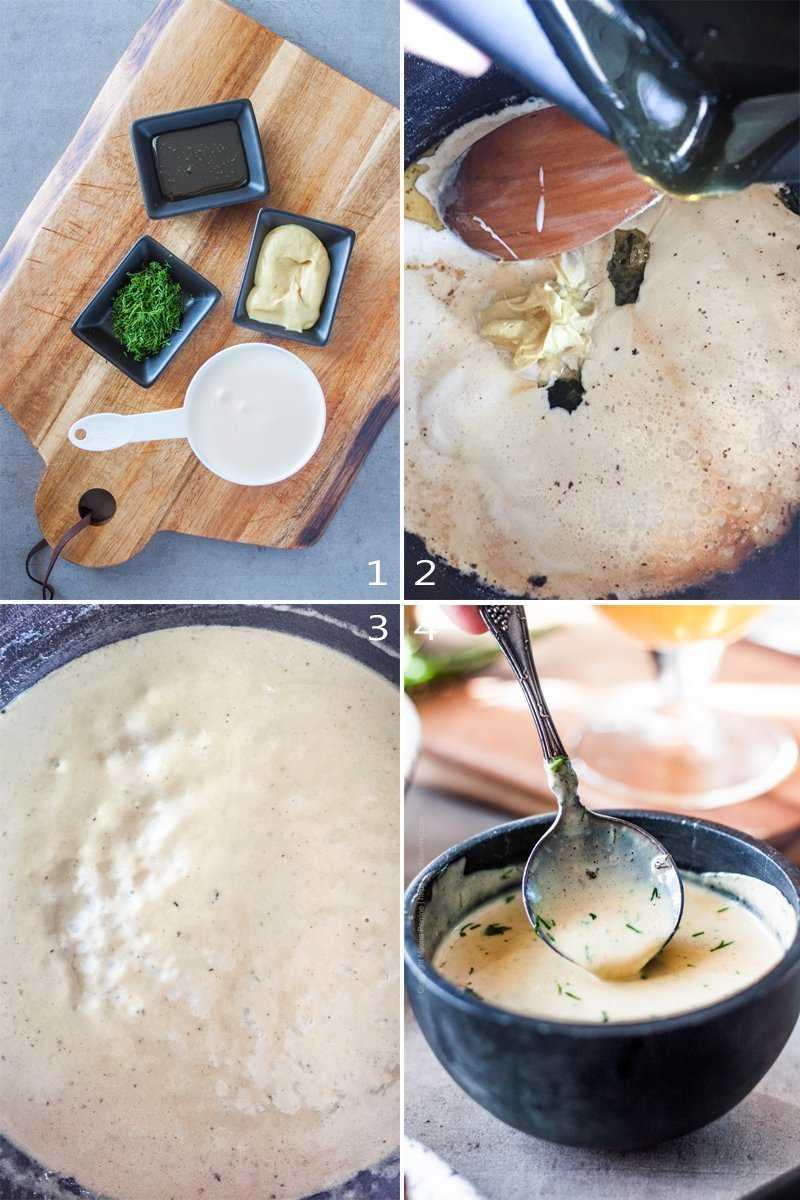 Grid of step-by-step images for dill mustard sauce.