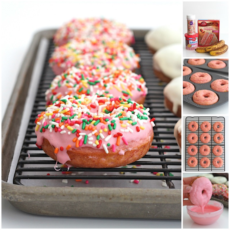 2-ingredient strawberry banana donut with strawberry glaze