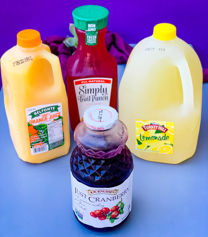 orange juice, lemonade, cranberry juice and bottled fruit
