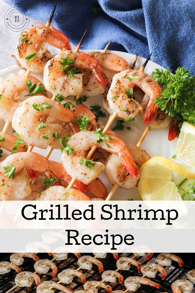 Divide the image of grilled shrimp on a plate and grill with the words grilled shrimp recipe in the center