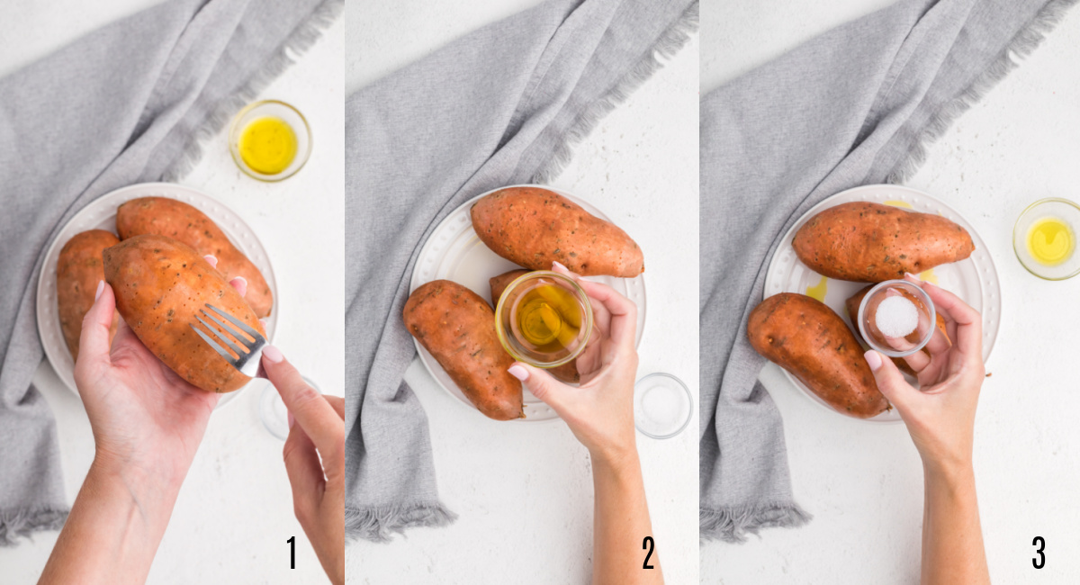 Procedure for preparing sweet potatoes before baking in an air fryer.