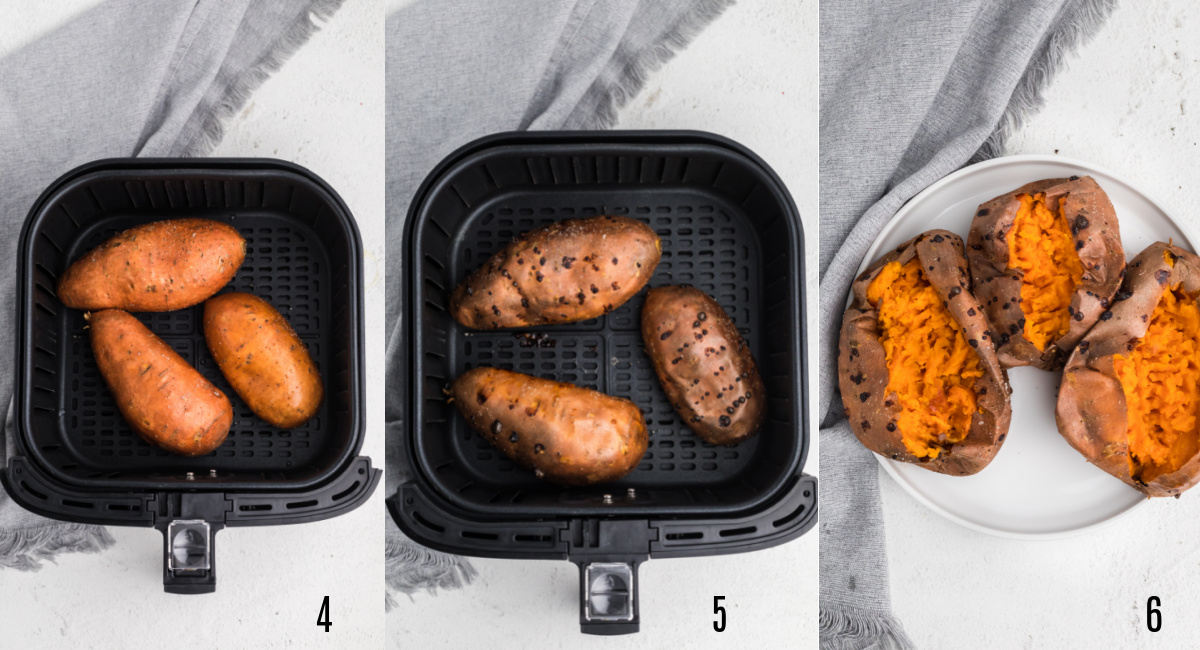 The set of photos shows the complete step-by-step how to make fried sweet potato in teh air fryer.