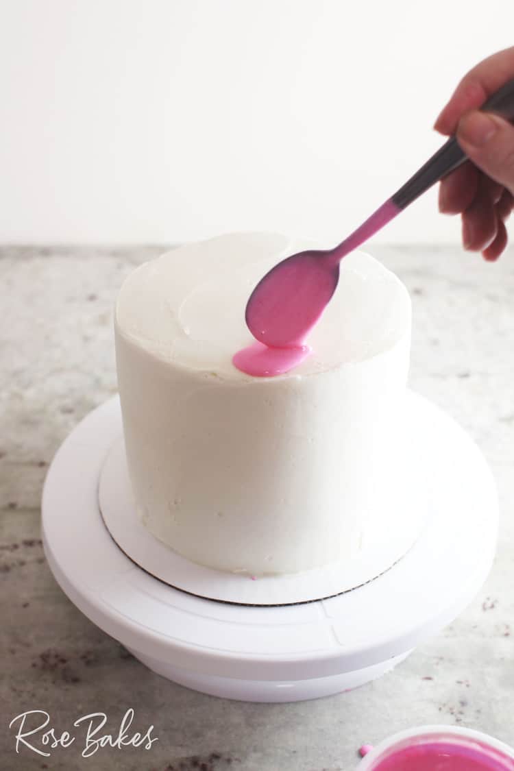 add pink drops to canned drip cake