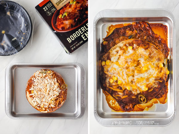 First photo: Frozen meal in a metal baking pan. Second photo: Bowl of enchilada cooked in a toaster oven.