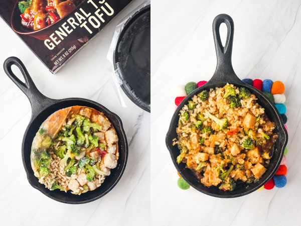 First photo: Frozen meal in a small cast iron skillet. Second photo: Cooked meal.