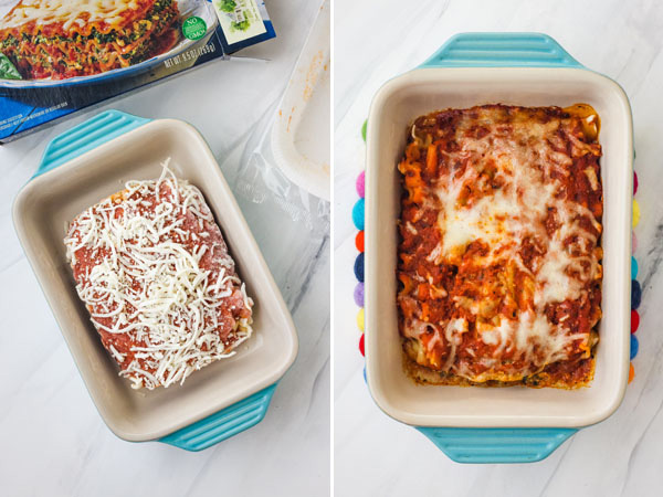2 photos of frozen and cooked lasagna in a blue 7x5 baking dish.