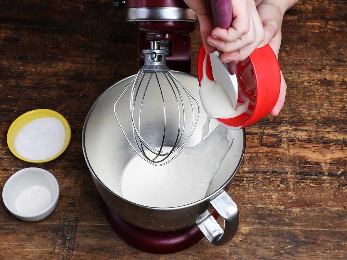 Pouring Cream into Stand Mixer Bowl