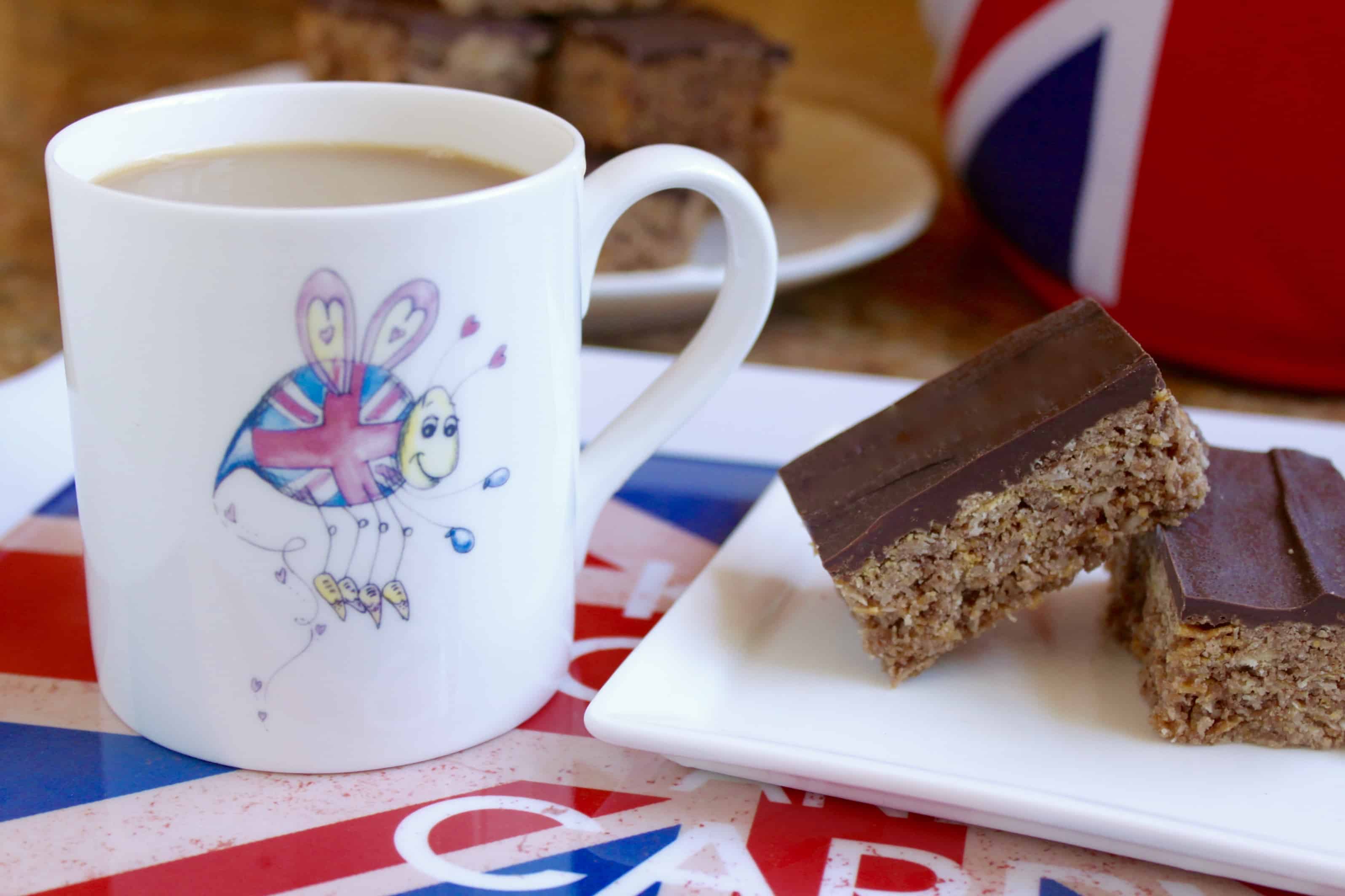 Australian Crunch Bar with a cup of tea on a Union Jack tray