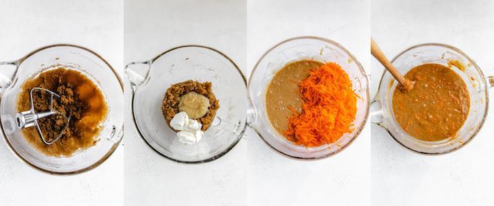 collage of four images showing how to make carrot cake batter