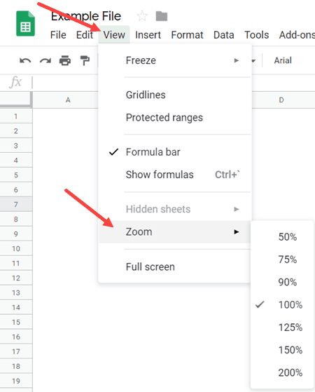 Zoom In and Zoom Out in Google Sheets Using View Tab Options