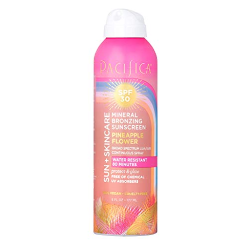 Pacifica Beauty Sun + Skincare Mineral Bronzing Sunscreen Spray, 30 SPF, Floral, Vegan & Toxic Free, Pineapple, 6 Fl.Oz