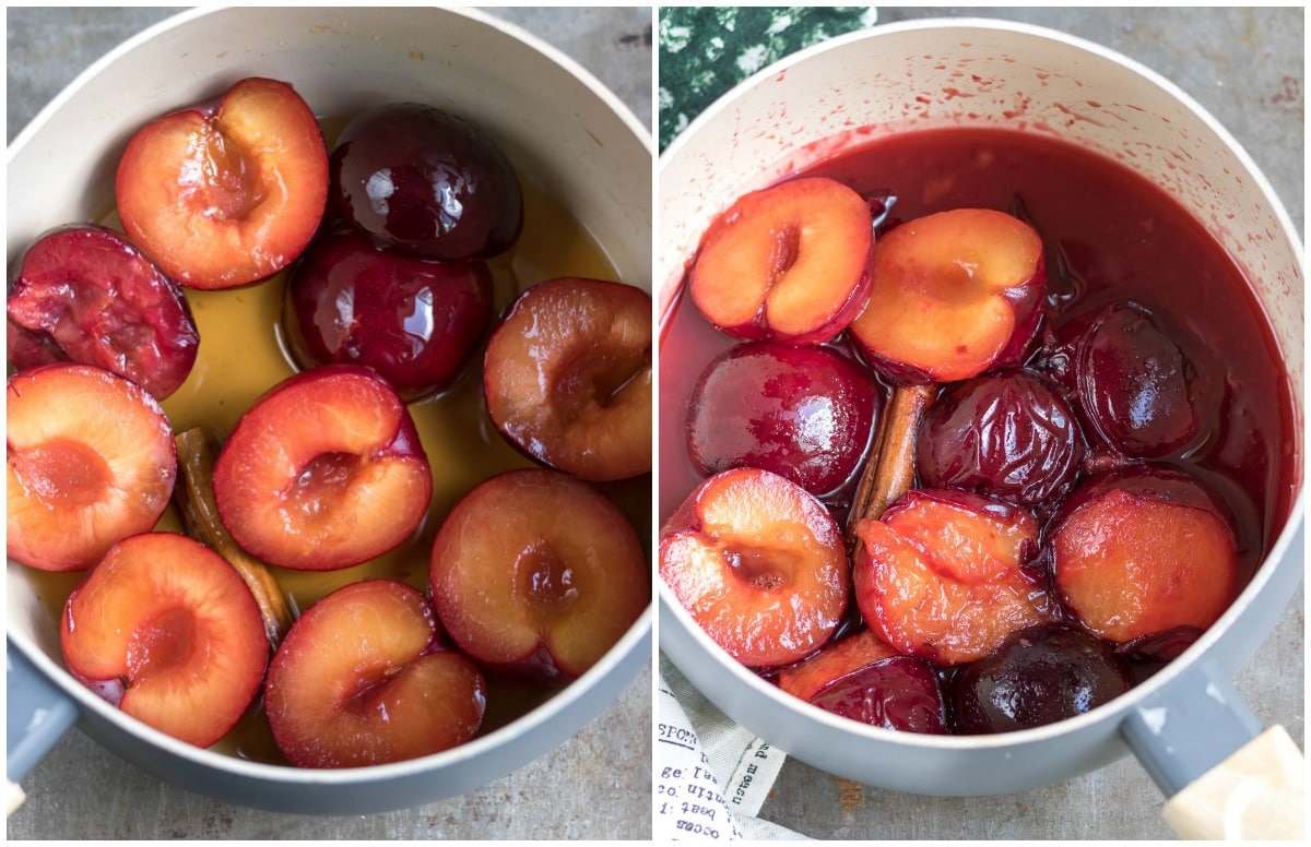 Cook plums in a pot.