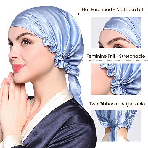 LilySilk Light Blue Womens Silk Night Cap- for elastic hair Large 100 Real Silk Bonnet Night Cap- for curls