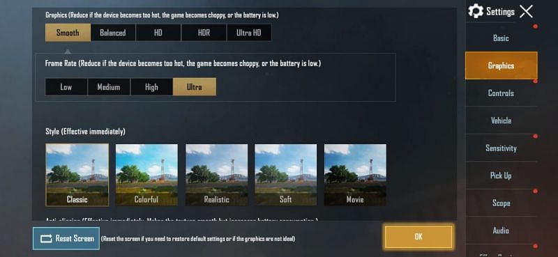 Settings in PUBG Mobile where players can set Frame Rate