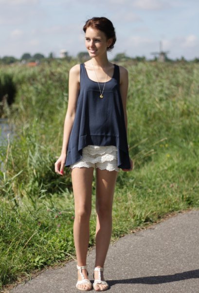 Navy white tank top lace shorts