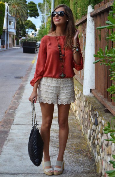 red blouse outfit white sandals