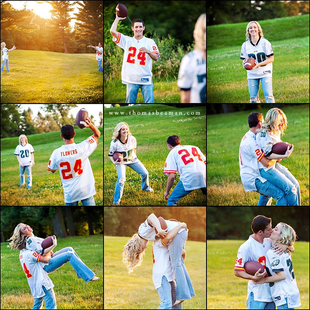 A couple playing football together during their engagement session