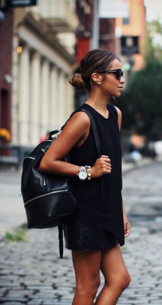 black leather backpack black shirt