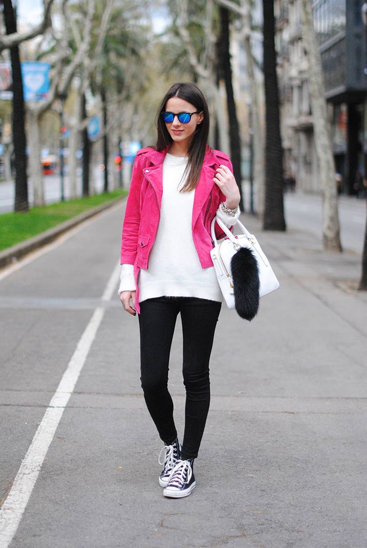 Converse black high waisted skinny jeans with pink jacket