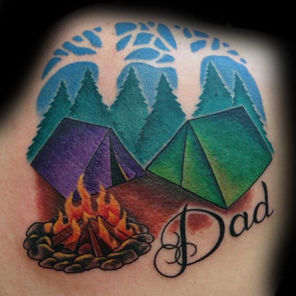 Fireplace And Colored Tents Holiday With Dad Tattoo Male Back