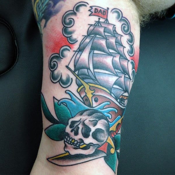 Guys Forearms Large Sailed Ship With Dad Flag Tattoo And Skull