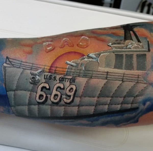 Large Ship And Dad Tattoo Male Forearm