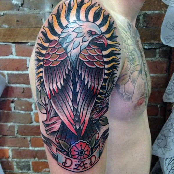 Mens Arms Enormous Eagle And Dad Tattoo