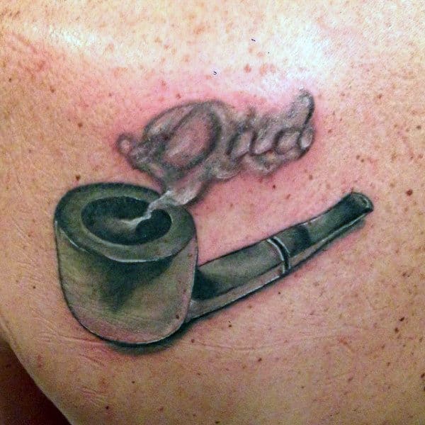 Smoking Pipe And Dad Tattoo Male Chest