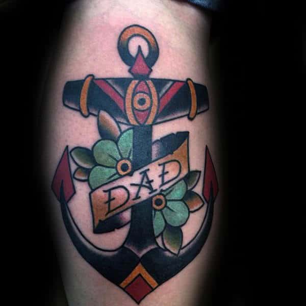 Traditional Anchor And Dad Tattoo Male Forearms