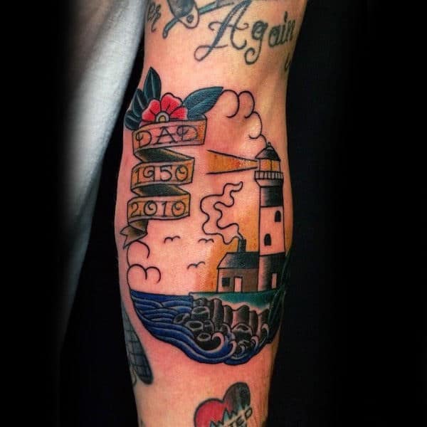 Tribute To Dad And Lighthouse Tattoo Male Forearms