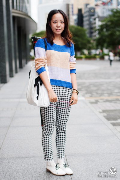 plaid pants color block knit sweater