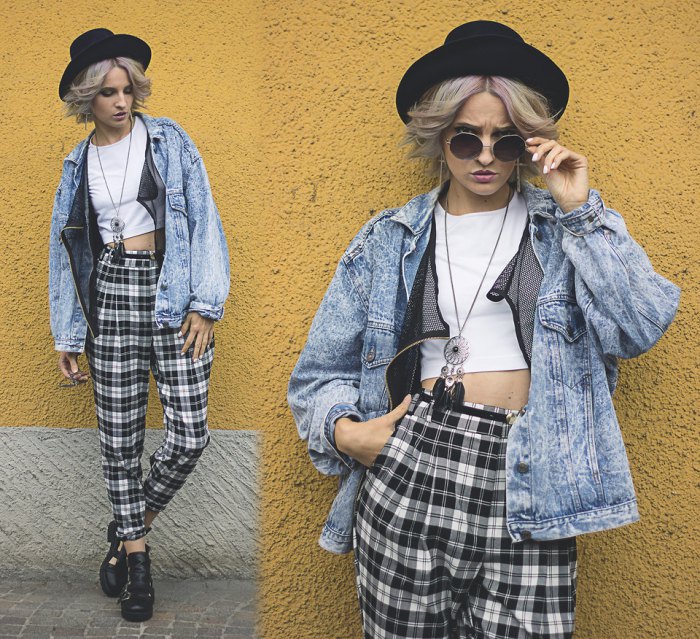 high-waisted plaid pants white denim jacket crop top