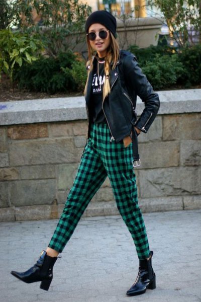 checkered black pants jacket knitted hat