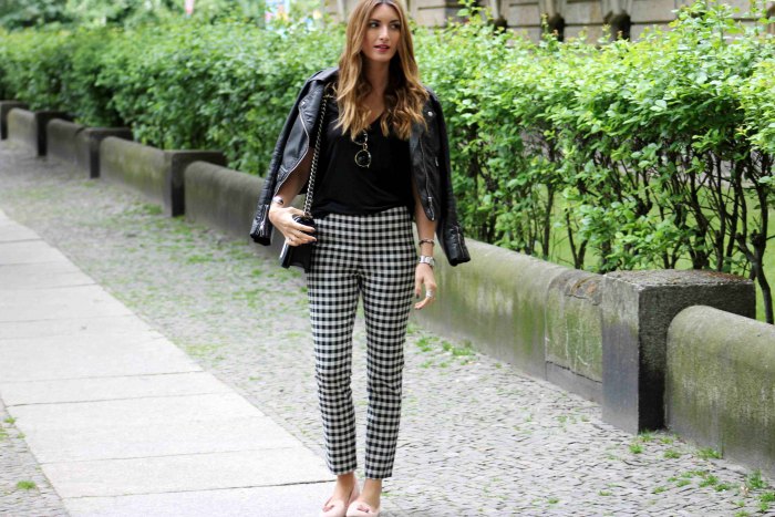 checkered pants cropped black leather jacket