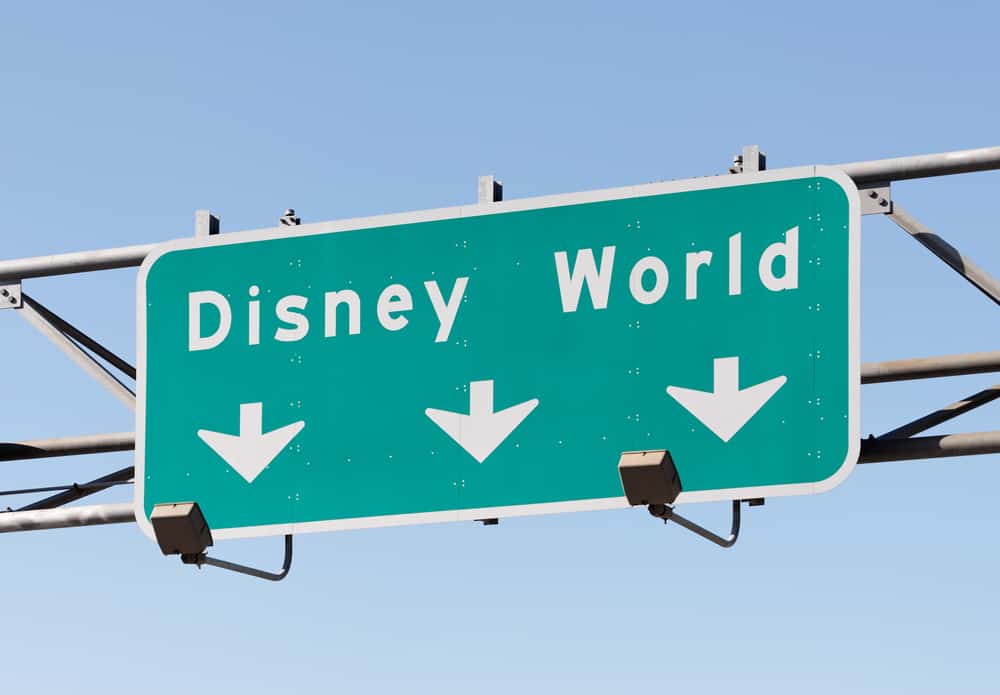 A sign in Orlando, FL points to the Walt Disney World Resort