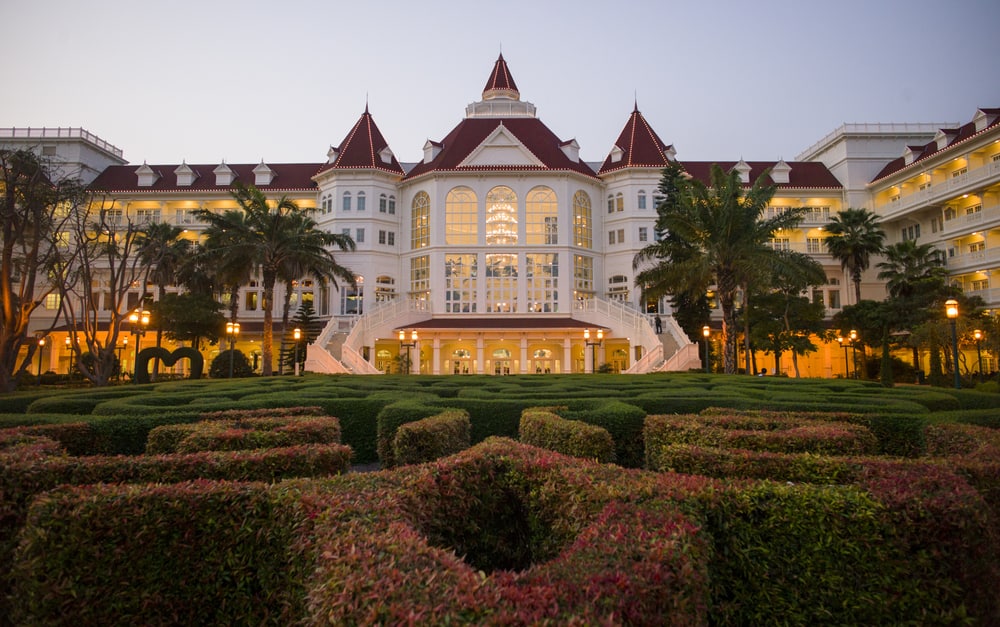 The beautiful garden in Disney Hotel Resort at sunset in Hong Kong