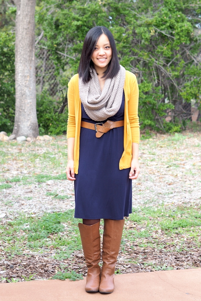 Navy blue dress + mustard cardigan + new accessories