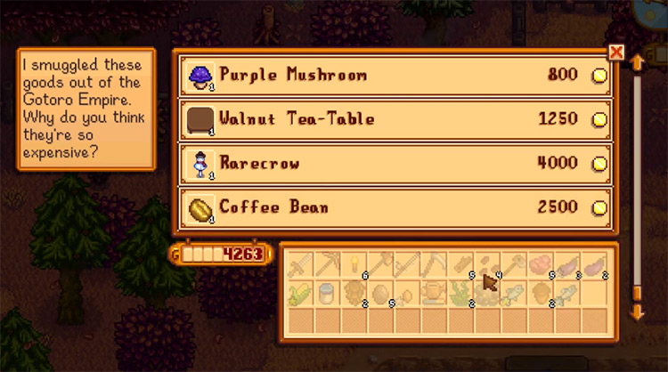 Purple mushrooms for sale on tour vans in Stardew Valley