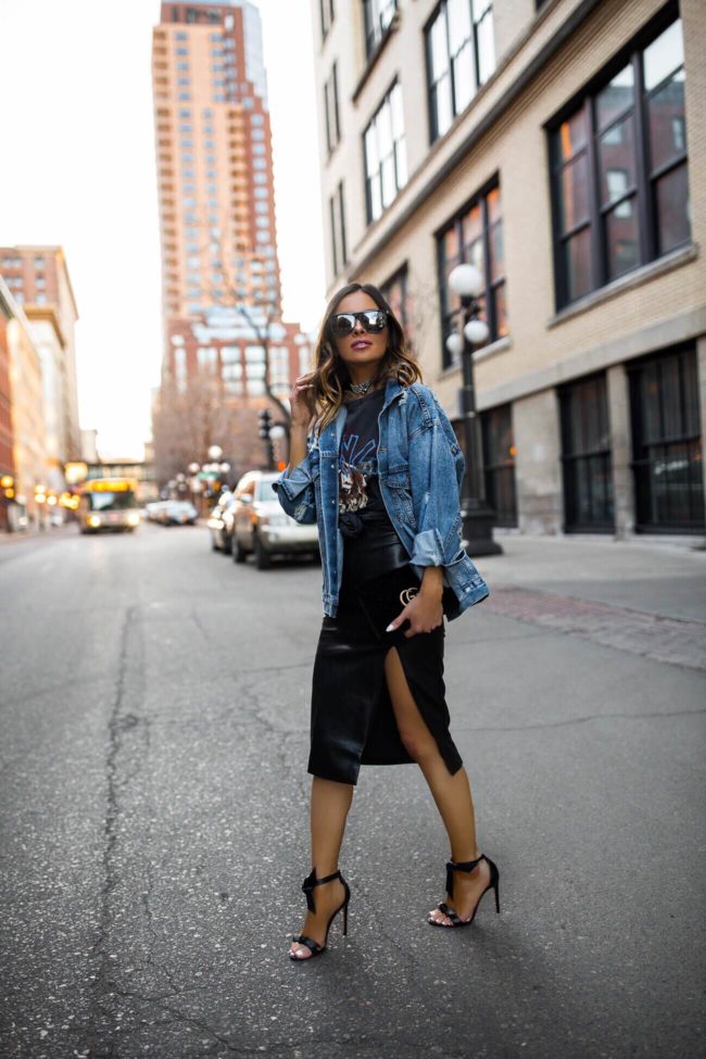 fashion blogger mia mia mine wears textured t-shirts and denim jackets for spring