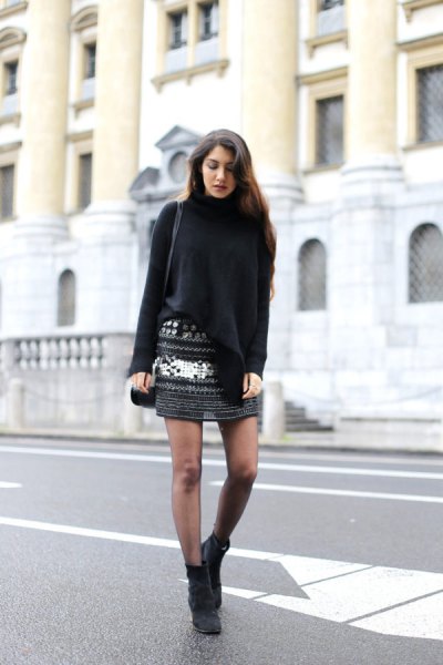 Black turtleneck sweater with patterned mini skirt