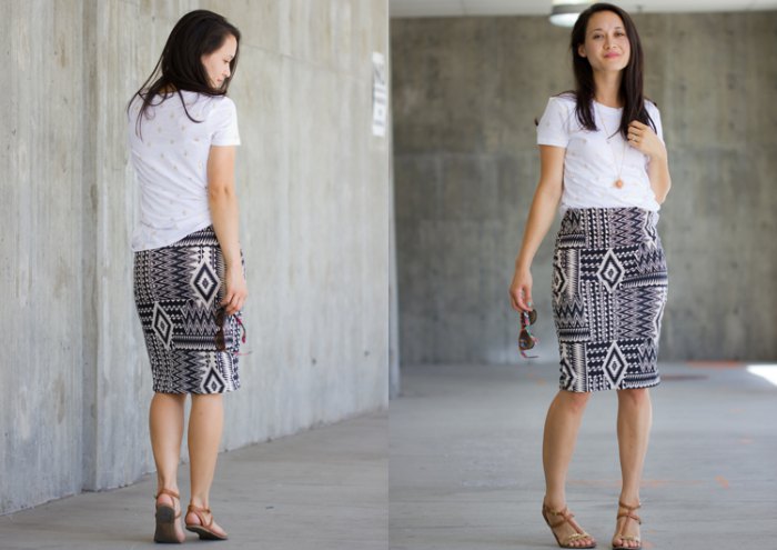 white t-shirt with black and white tribal print knee length knit skirt