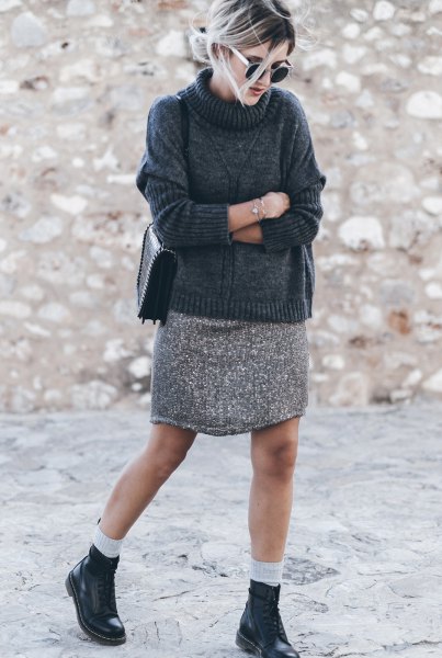 turtleneck sweater with heather light gray mini knit skirt